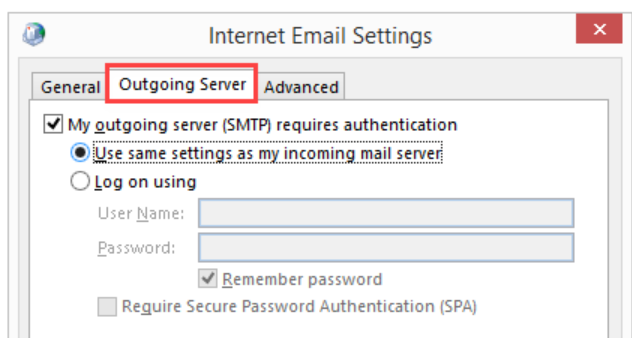 Outgoing Server tab in Internet Email Settings